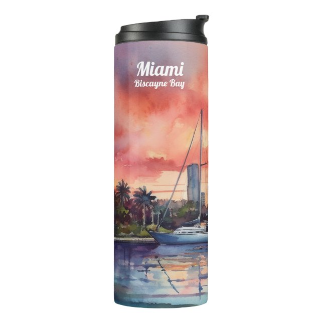 Watercolor sunset over Miami from Biscayne Bay Thermal Tumbler (Rotated Left)