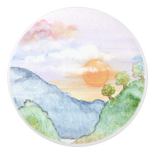 Watercolor Sunset over Mountains & Trees Ceramic Knob