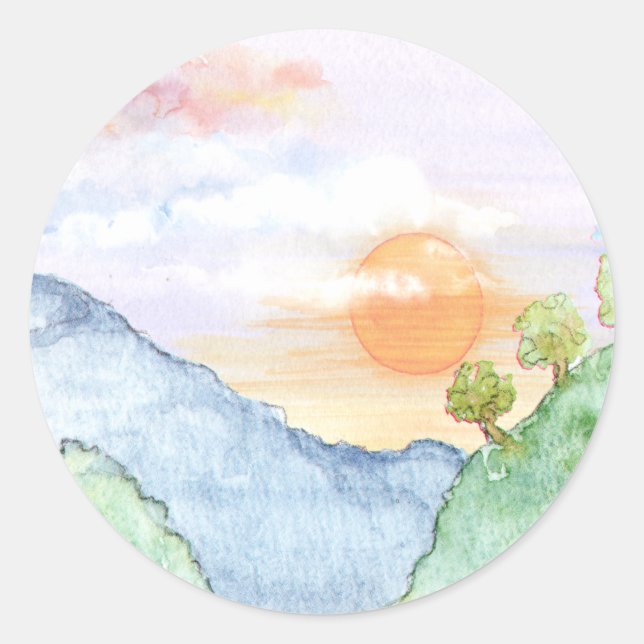 Watercolor Sunset over Mountains & Trees  Classic Round Sticker (Front)