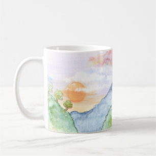 Watercolor Sunset over Mountains & Trees Coffee Mug