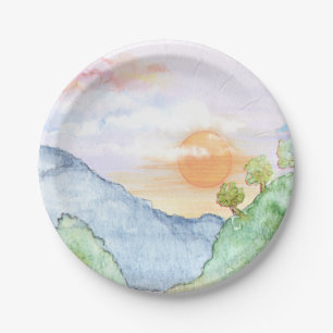 Watercolor Sunset over Mountains & Trees Paper Plate