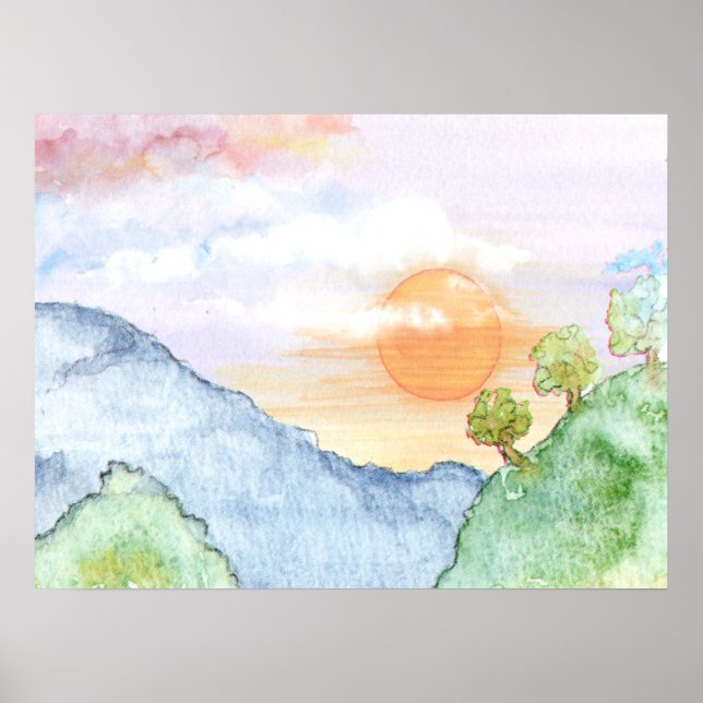 Watercolor Sunset over Mountains & Trees  Poster (Front)