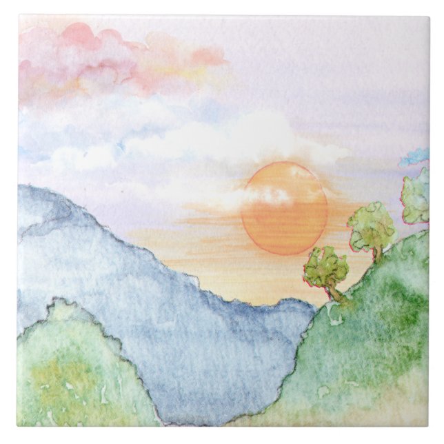 Watercolor Sunset over Mountains & Trees  Tile (Front)