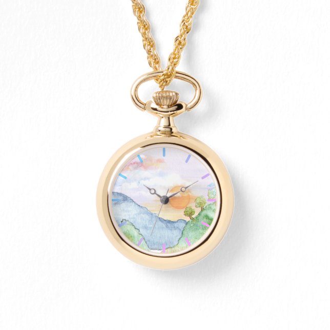 Watercolor Sunset over Mountains & Trees   Watch (Front)
