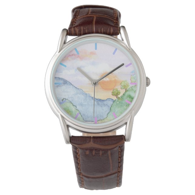 Watercolor Sunset over Mountains & Trees   Watch (Front)