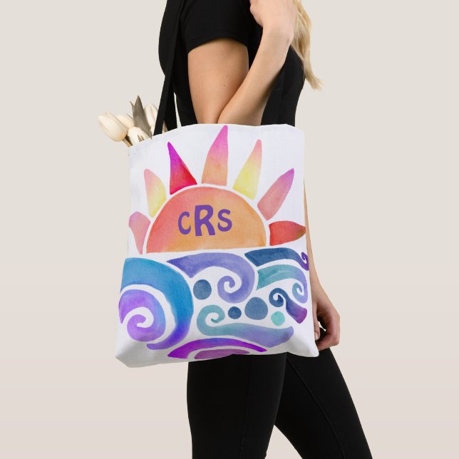 Watercolor Sunset Over Water with Monogram Tote Bag (Close Up)