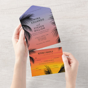 Watercolor sunset palm beach wedding  all in one invitation