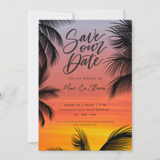 Watercolor sunset palm beach wedding save the date