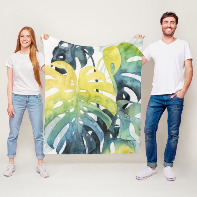Watercolor Sunset Palm Tree Leaves Fleece Blanket (In Situ)
