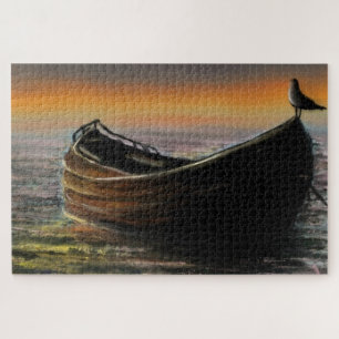 Watercolor Sunset Sea Boat Jigsaw Puzzle