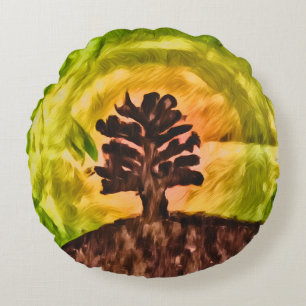 Watercolor sunset tree painting round cushion