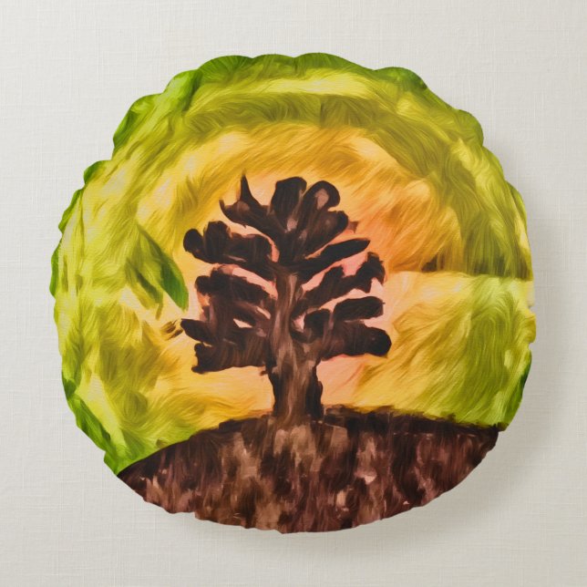 Watercolor sunset tree painting  round cushion (Front)