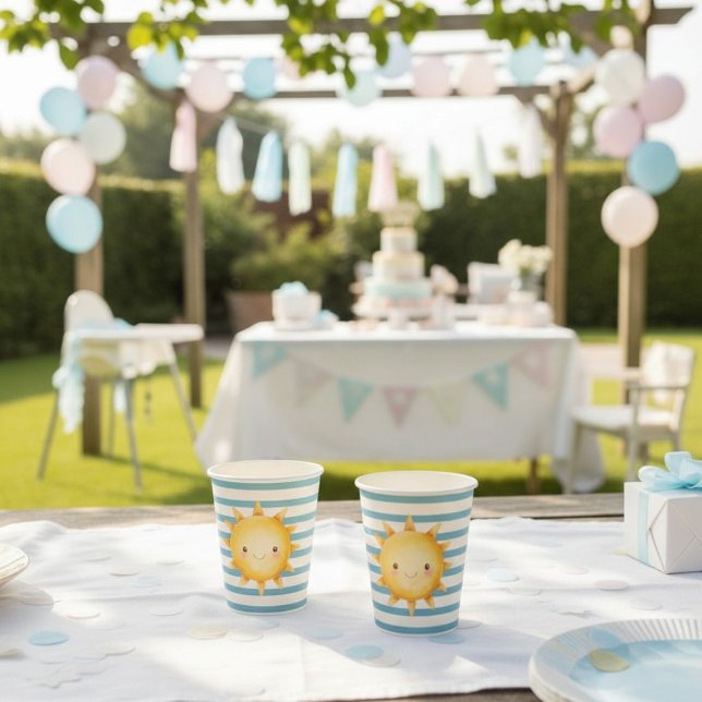 Watercolor Sunshine Baby Shower Blue Stripe Paper  Paper Cups (Creator Uploaded)