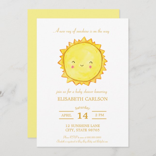 Watercolor Sunshine Baby Shower Invitation Neutral (Front/Back)