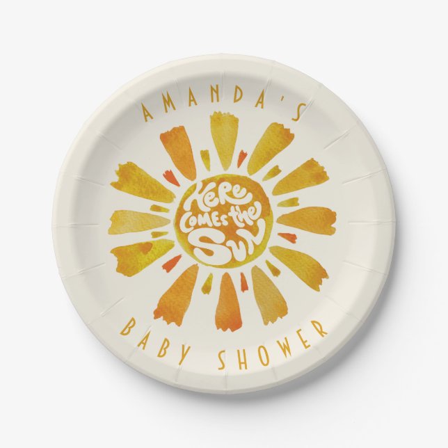 Watercolor Sunshine Ray Boho Baby Shower Paper Plate (Front)