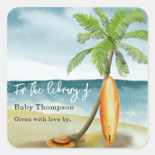 Watercolor surf beach - for the library of square sticker