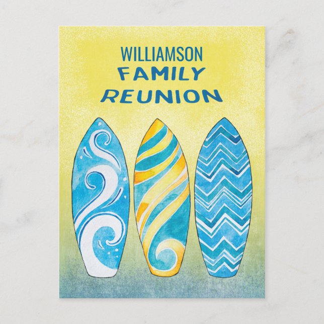 Watercolor Surfboard Family Reunion Beach Picnic Postcard (Front)