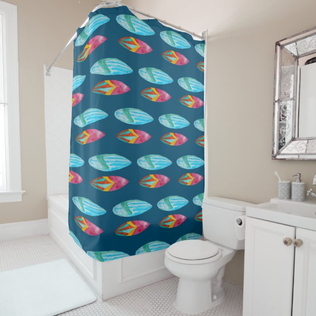 Watercolor Surfboard Pattern Shower Curtain (In Situ)