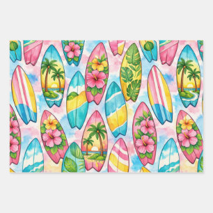 Watercolor Surfboards with Hibiscus and Palms Wrapping Paper Sheet