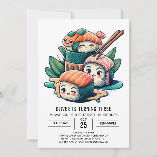 Watercolor Sushi Printable Birthday Invitation (Front)