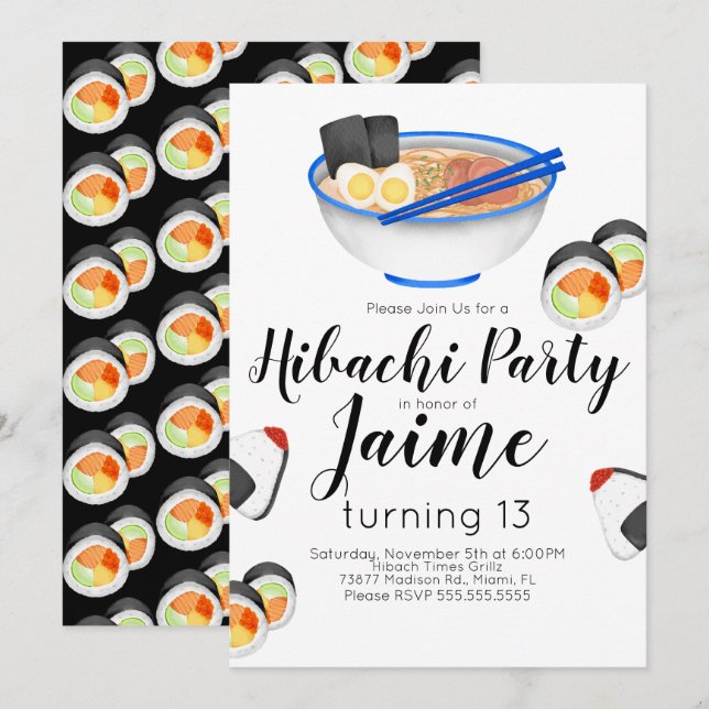 Watercolor Sushi Teen Birthday Hibachi Noodles Invitation (Front/Back)