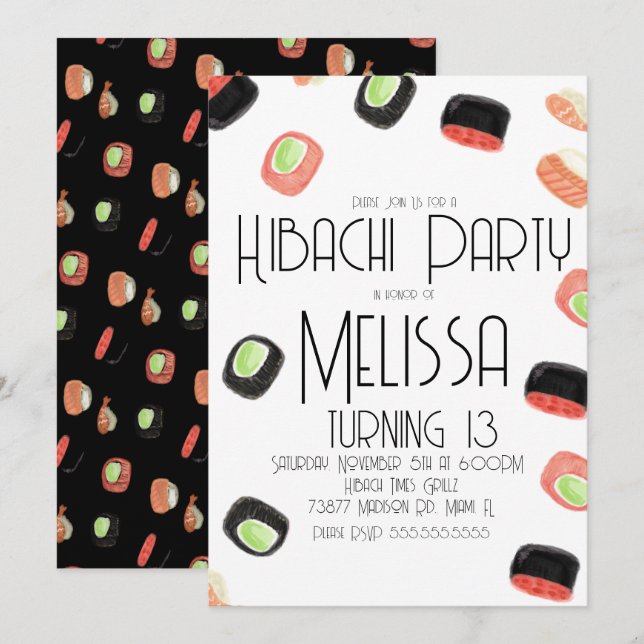 Watercolor Sushi Teen Birthday Hibachi Restaurant  Invitation (Front/Back)