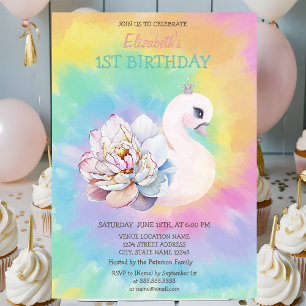 Watercolor Swan Flowers Tie Dye Birthday   Invitation