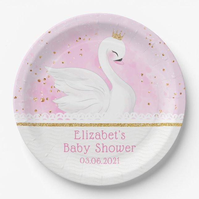 Watercolor Swan Princess Baby Shower  Paper Plate (Front)