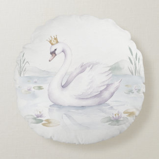 Watercolor Swan Princess Round Decorative Pillow