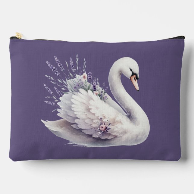 Watercolor Swan with Lavender Florals Accessory Pouch (Front)