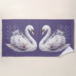Watercolor Swan with Lavender Florals Beach Towel