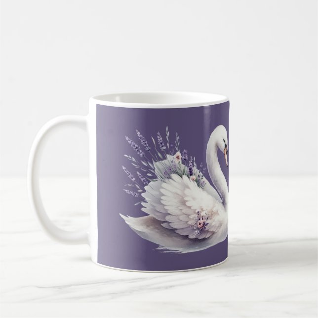 Watercolor Swan with Lavender Florals Coffee Mug (Left)
