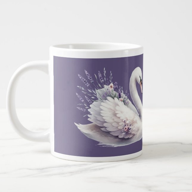 Watercolor Swan with Lavender Florals Large Coffee Mug (Left)