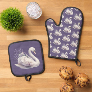 Watercolor Swan with Lavender Florals Oven Mitt & Pot Holder Set