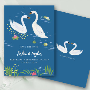 Watercolor Swans Romantic Save the Date Blue Invitation