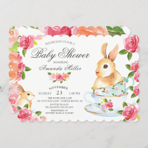 Watercolor Sweet Bunny Baby Shower Tea Party Invitation
