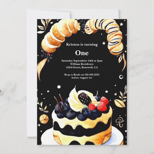 Watercolor Sweet Cake 1st Birthday Invitation (Front)