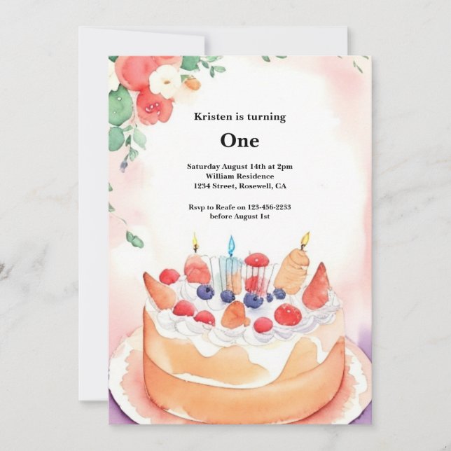 Watercolor Sweet Cake 1st Birthday Invitation (Front)