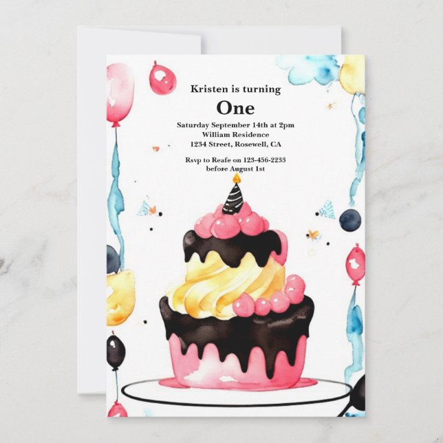 Watercolor Sweet Cake 1st Birthday Invitation (Front)