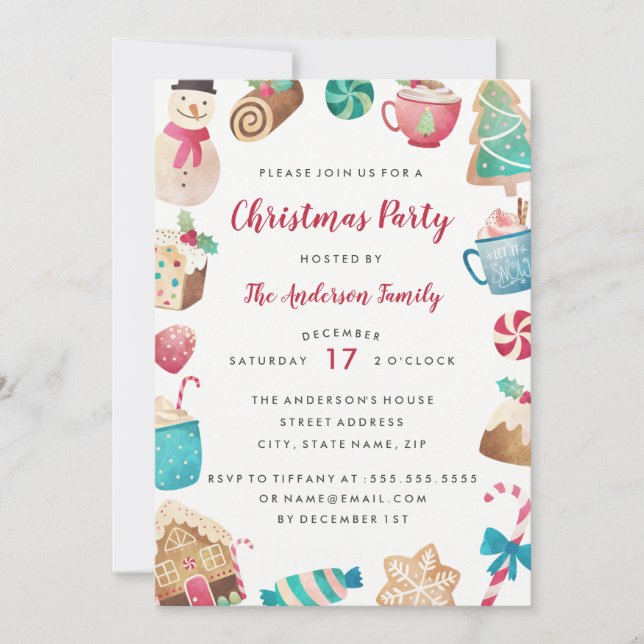 Watercolor Sweet Christmas Party Invitation (Front)
