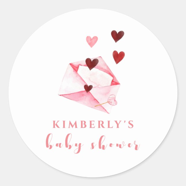 Watercolor Sweet Heart Letter Baby Shower Classic Round Sticker (Front)