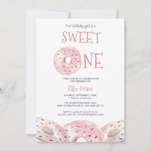 Watercolor Sweet One Doughnut theme 1st birthday B Invitation