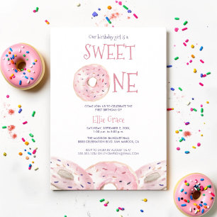 Watercolor Sweet One Doughnut theme 1st birthday B Invitation