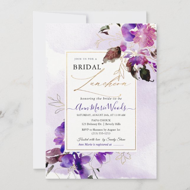 Watercolor Sweetpeas Violet Purple Bridal Lunchoen Invitation (Front)
