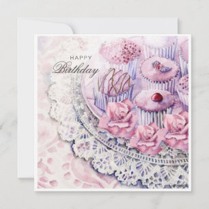 Watercolor sweets and flowers birthday card