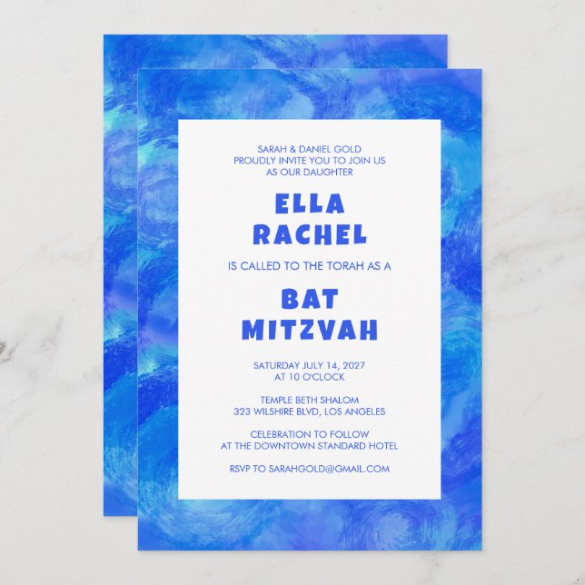 Watercolor Swirl Blue Custom Bar Bat Mitzvah Invitation (Front/Back)