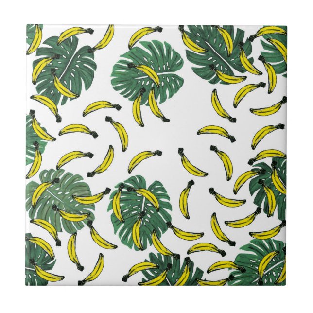 Watercolor Swiss Cheese Plant and Bananas Tile (Front)