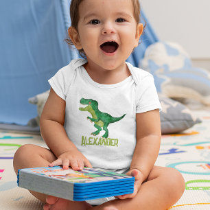 Watercolor T-rex Dinosaur with Custom Kids Name Baby Bodysuit
