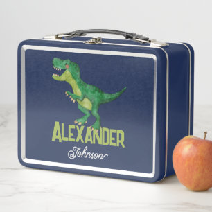 Watercolor T-rex Dinosaur with Custom Kids Name Metal Lunch Box