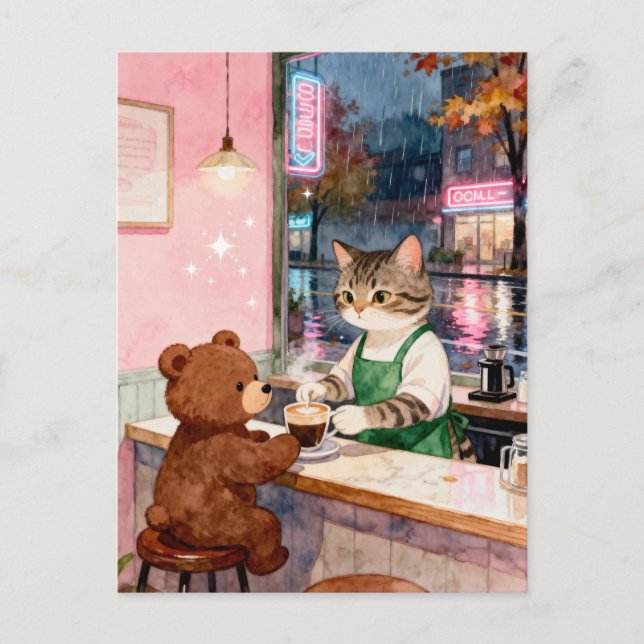 Watercolor Tabby Cat Barista Serving Bear Postcard (Front)